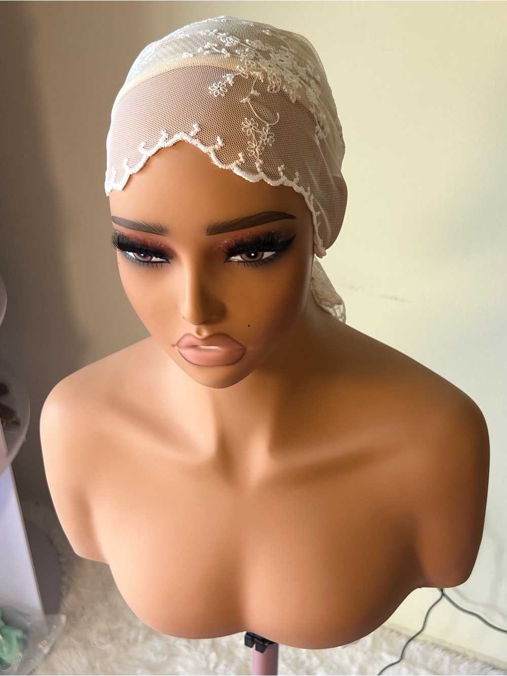White lace embroidered head scarf 60 inch long and 10 inch w
